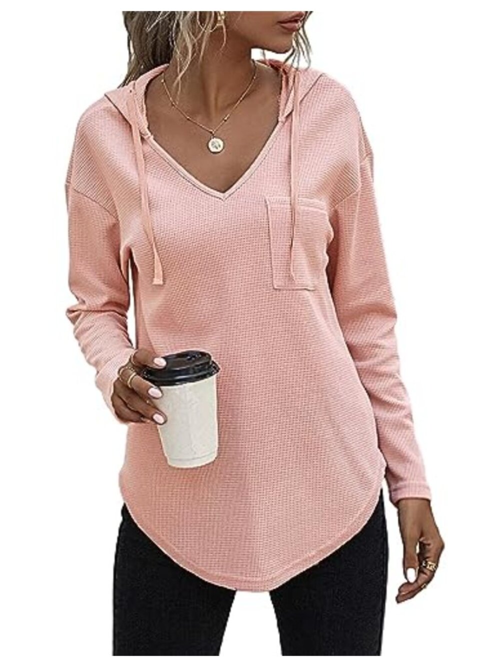 Womens Waffle Knit Hoodie Drawstring Sweatshirt Long Sleeve Tunic Top